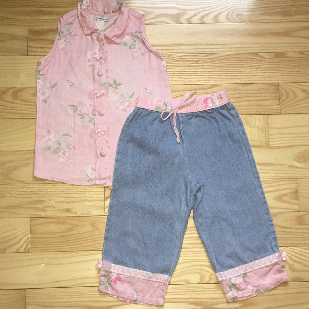 2 Vintage Linen Like Floral & Denim Capri Sets - Picture 2 of 7